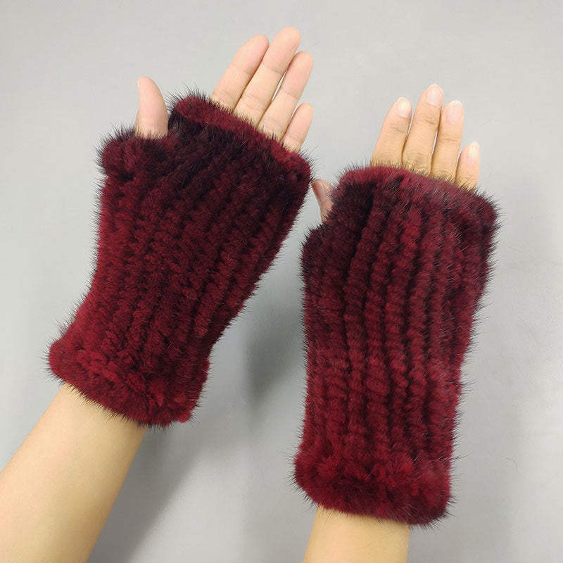 Thick Knitted Mink Fur Fingerless Gloves for Winter Wine Red 