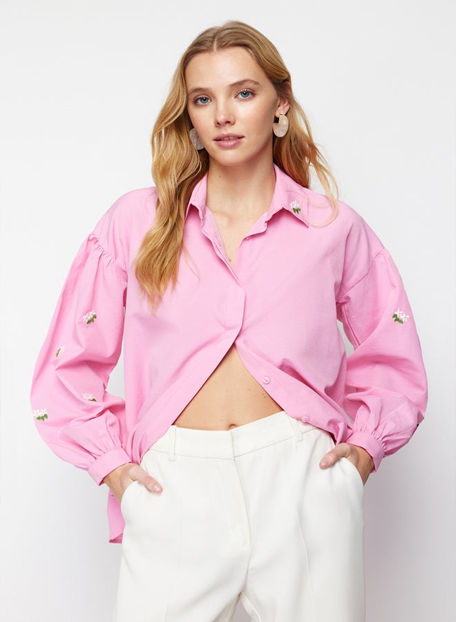 trendyol Pink Embroidered Cotton Woven Shirt TWOAW23GO00081  - Image 2