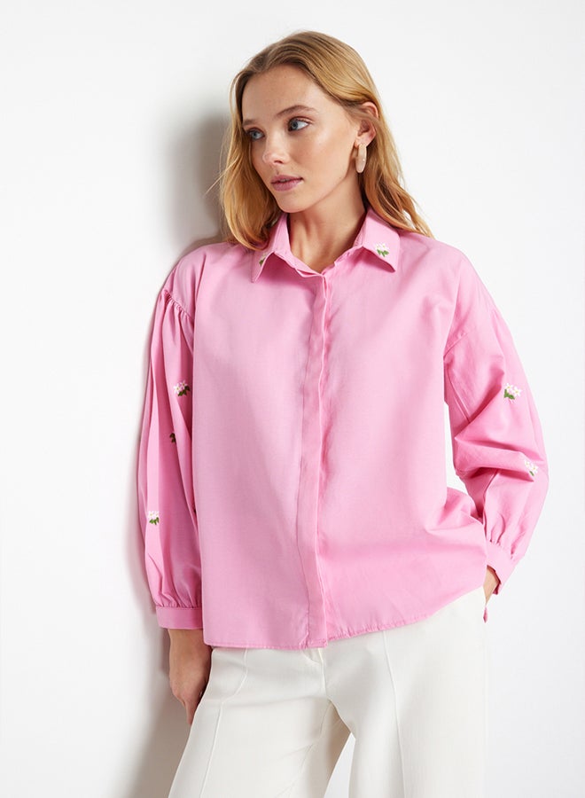 trendyol Pink Embroidered Cotton Woven Shirt TWOAW23GO00081  - Image 3