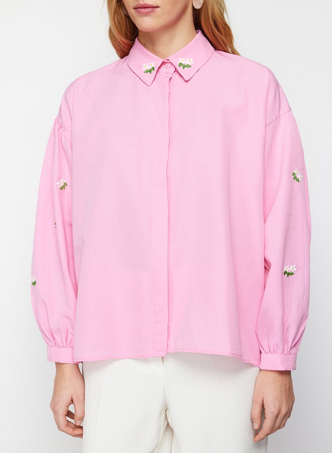 trendyol Pink Embroidered Cotton Woven Shirt TWOAW23GO00081  - Image 4