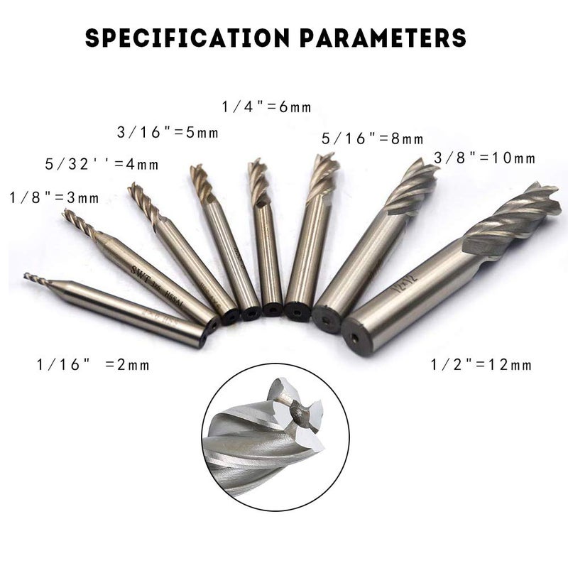 Oudtinx 8Pcs End Mill Bits HSS CNC End Mill Cutter Drill Bits for Wood, Aluminum, Steel, Titanium, Straight 4 Flute Mill Bit Set 1/16"-1/2" by Oudtinx - Image 2