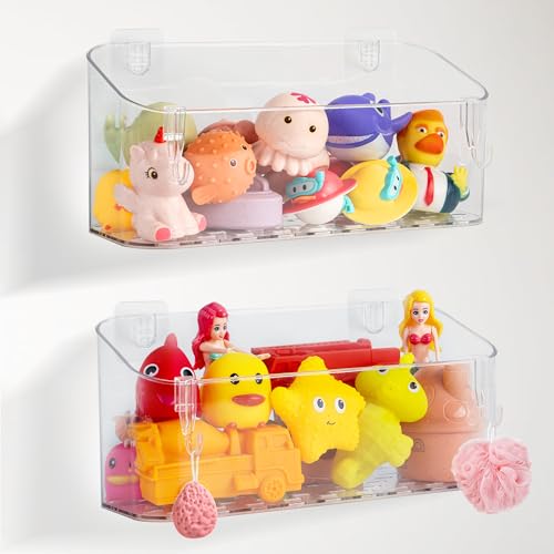 MUMUQ Bath Toy Storage Adhesive Shower Caddy for Baby Bath Toys Bathtub Toy Storage Holder Organizer Large Capacity Acrylic Shower Shelves for Bathroom Babies Bathing Accessories Shelf, 2 Pack - Image 1