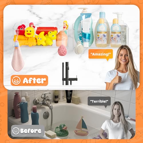 MUMUQ Bath Toy Storage Adhesive Shower Caddy for Baby Bath Toys Bathtub Toy Storage Holder Organizer Large Capacity Acrylic Shower Shelves for Bathroom Babies Bathing Accessories Shelf, 2 Pack - Image 5