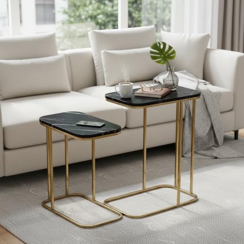 RIZIK STORE™ Iron Frame Handmade Rectangular Sofa Side Table with Premium Wooden top for Sofa Side, Bed Side, Drawing Room, Bed Room 18" x 11" x 21" Set of 2 (Black Gold) - Image 1