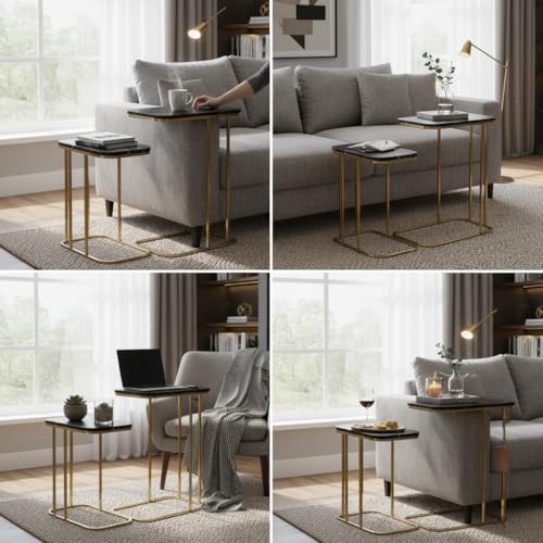 RIZIK STORE™ Iron Frame Handmade Rectangular Sofa Side Table with Premium Wooden top for Sofa Side, Bed Side, Drawing Room, Bed Room 18" x 11" x 21" Set of 2 (Black Gold) - Image 3