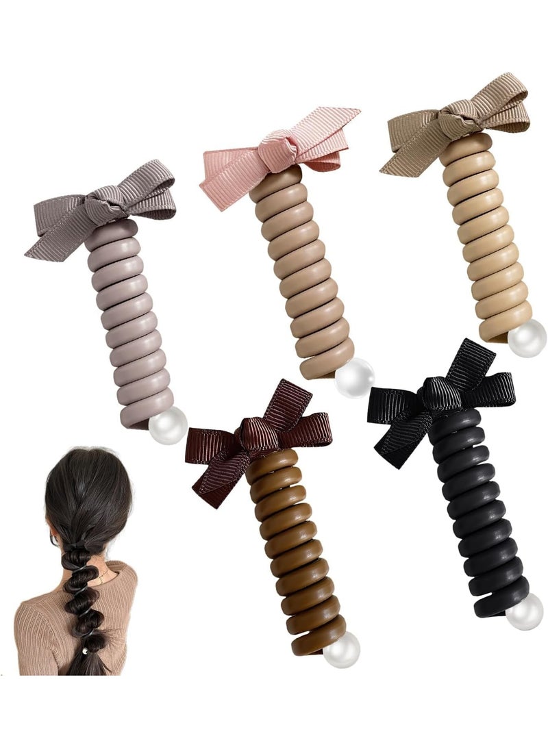SOLARAE Bowknot Braided Telephone Wire Hair Bands, Colorful Telephone Wire Hair Bands for Kids, Waterproof High Elastic Rubber, Ponytail Holder Accessories for Women & Girl - 5 Pack - Image 1