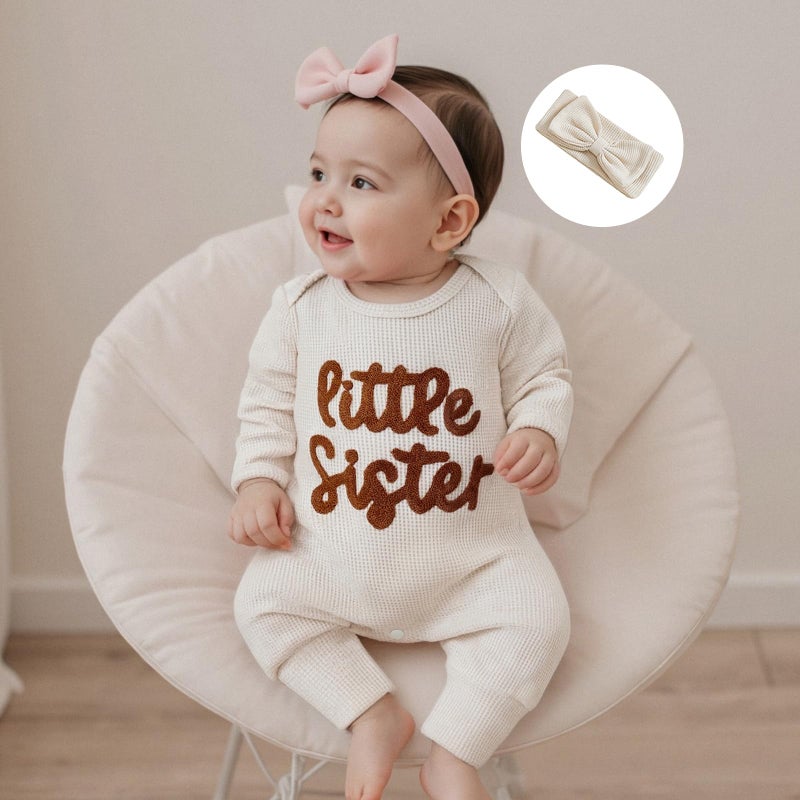 allshope Infant Baby Girl Fall Outfit Sweatshirt Romper Little Sister Lil Sis Long Sleeve Jumpsuit Newborn Winter Clothes (Little Sister Apricot, 3-6 Months) - Image 2