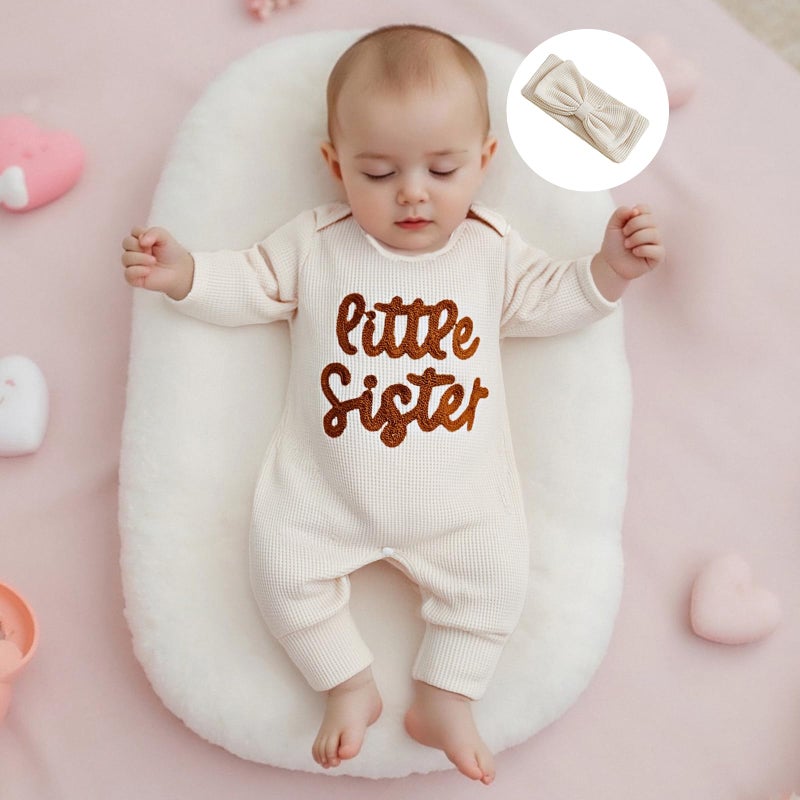 allshope Infant Baby Girl Fall Outfit Sweatshirt Romper Little Sister Lil Sis Long Sleeve Jumpsuit Newborn Winter Clothes (Little Sister Apricot, 3-6 Months) - Image 5