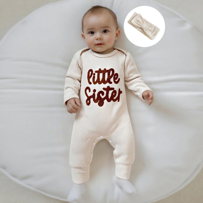 allshope Infant Baby Girl Fall Outfit Sweatshirt Romper Little Sister Lil Sis Long Sleeve Jumpsuit Newborn Winter Clothes (Little Sister Apricot, 3-6 Months) - Image 3