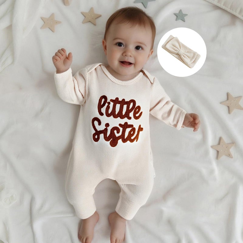 allshope Infant Baby Girl Fall Outfit Sweatshirt Romper Little Sister Lil Sis Long Sleeve Jumpsuit Newborn Winter Clothes (Little Sister Apricot, 3-6 Months) - Image 4