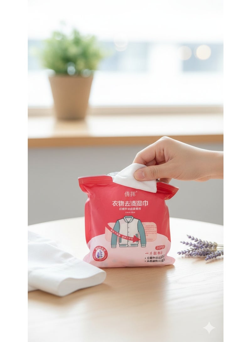 مناديل إزالة بقع الملابس الطارئة (20 قطعة) - مناديل جيب سريعة المفعول برائحة اللافندر - تنظيف فوري للبقع الصعبة، لطيفة على اليدين والأقمشة. - Image 1