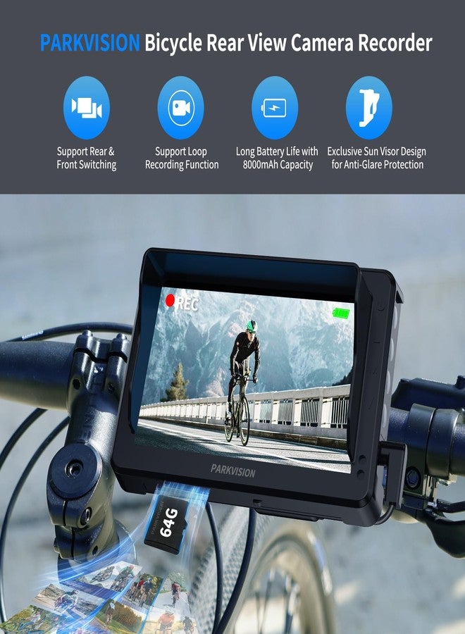 PARKVISION Bicycle Rear View Camera Recorder with Parasol, 1080P Bicycle Handlebar with 4.3" HD Monitor, 64GB TF Card, E-Bike Camera with 110° Angle Camera - Image 2