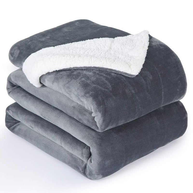 NANPIPER Flannel Blanket Reversible Sherpa Throw Blanket Super Soft Fuzzy Plush Microfiber 90x90 Gray Queen