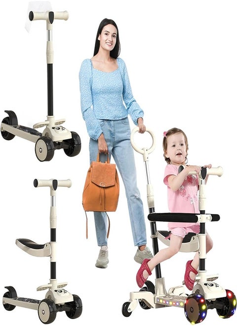 Kids' Scooters 5 In 1 Pedals with Music and LED Wheels Adjustable Push Bar Height and Handlebar Height Folding Seats and Playpens