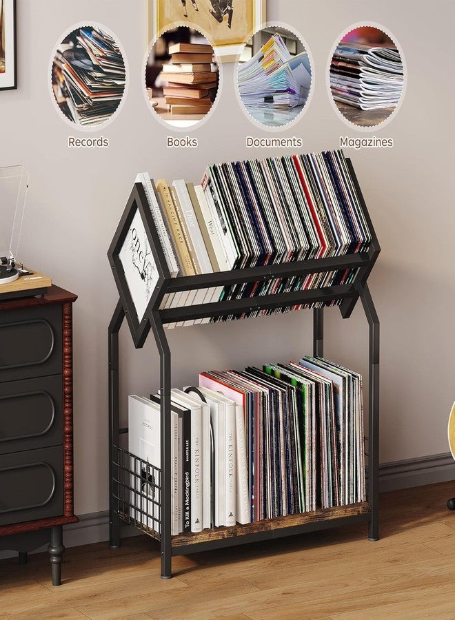 OGFC 58467 Classic 2-Tier Vinyl Record Storage Holder with Dividers, 24.4''W Vinyl Record Display, 300 LPs Vinyl Record Storage Rack, Suitable for Magazines, Books, Documents - Black - Image 4