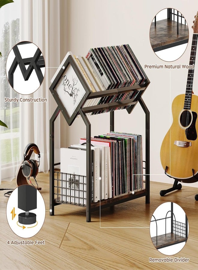 OGFC 58467 Classic 2-Tier Vinyl Record Storage Holder with Dividers, 24.4''W Vinyl Record Display, 300 LPs Vinyl Record Storage Rack, Suitable for Magazines, Books, Documents - Black - Image 3