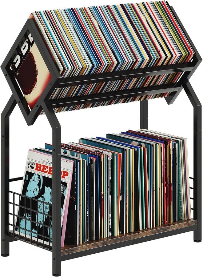 OGFC 58467 Classic 2-Tier Vinyl Record Storage Holder with Dividers, 24.4''W Vinyl Record Display, 300 LPs Vinyl Record Storage Rack, Suitable for Magazines, Books, Documents - Black - Image 1