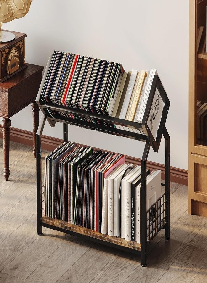 OGFC 58467 Classic 2-Tier Vinyl Record Storage Holder with Dividers, 24.4''W Vinyl Record Display, 300 LPs Vinyl Record Storage Rack, Suitable for Magazines, Books, Documents - Black - Image 5