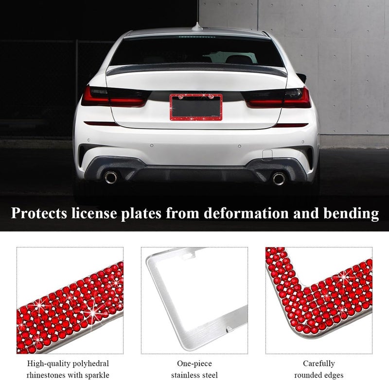 Bling License Plate Frame, Sparkly License Plate Tag Cover with Multifaceted Rhinestones, Stainless Steel Crystal License Plate Holder (Red, 2PCS) - Image 3
