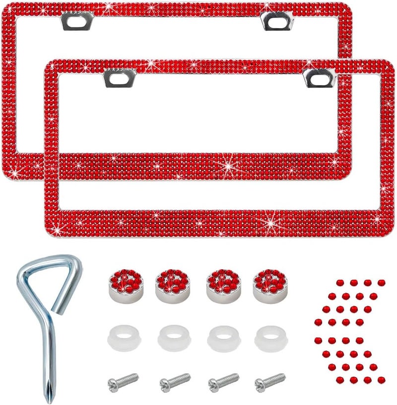 Bling License Plate Frame, Sparkly License Plate Tag Cover with Multifaceted Rhinestones, Stainless Steel Crystal License Plate Holder (Red, 2PCS) - Image 1