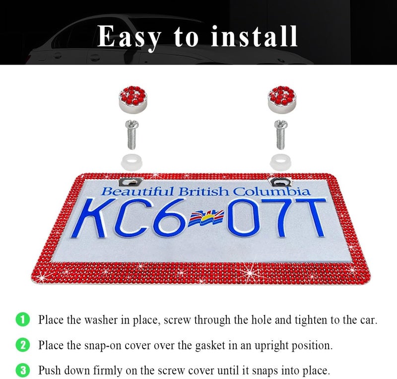 Bling License Plate Frame, Sparkly License Plate Tag Cover with Multifaceted Rhinestones, Stainless Steel Crystal License Plate Holder (Red, 2PCS) - Image 4