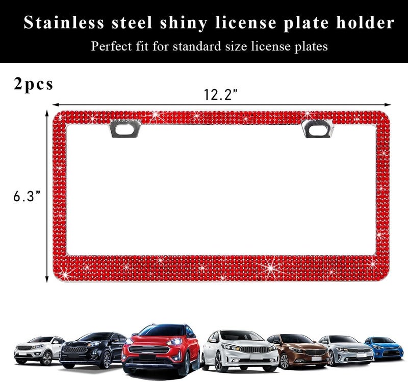 Bling License Plate Frame, Sparkly License Plate Tag Cover with Multifaceted Rhinestones, Stainless Steel Crystal License Plate Holder (Red, 2PCS) - Image 2
