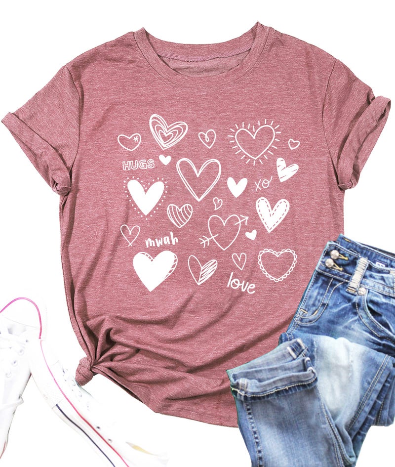 PECHAR Valentines Day Shirt for Women Cute Love Heart Tshirts Graphic Valentine Gift Tee Casual Hearts Tops A Pink - Image 1