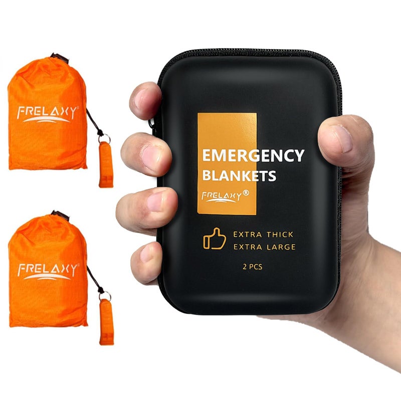 Frelaxy Emergency Blanket 2Pack4Pack ExtraThick ExtraLarge Space Blankets with Whistles Storage Pouchs and EVA case