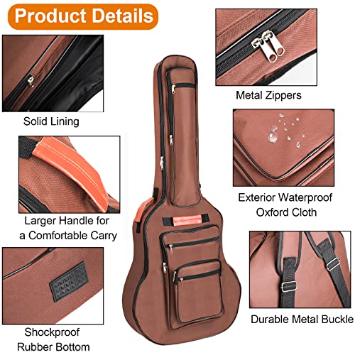 Bekith Acoustic Guitar Bag 40 41 42 Inches, 6 Pockets Guitar Case Waterproof Oxford Cloth Thick Sponge Pad, Dual Adjustable Shoulder Strap Soft Guitar Case Gig Bag, Brown - Image 3