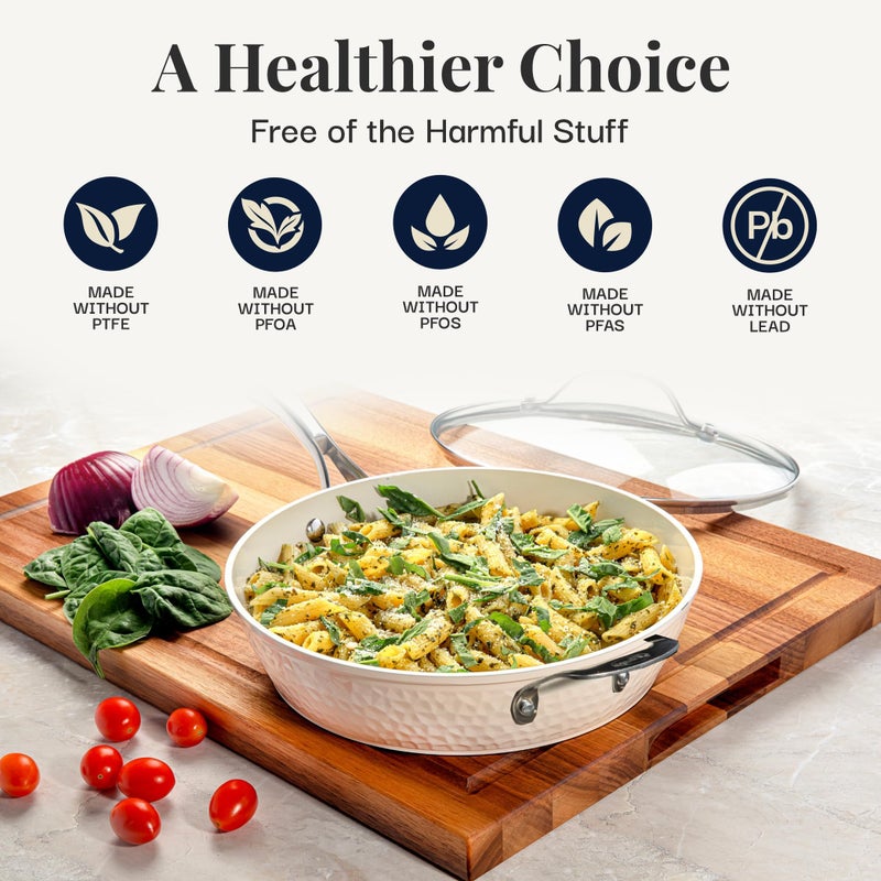 GOTHAM STEEL 14 Inch Non Stick Frying Pans with Lid, Large Frying Pans Nonstick with Lid, Non Toxic Ceramic Pan Skillet, Nonstick Frying Pan, Induction Pan, Oven/Dishwasher Safe – Cream Hammered - Image 2