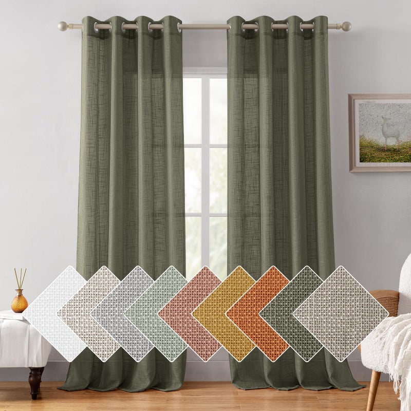 هوم أيدياز Homideas Olive Green Linen Stertains 84 بوصة طويلة 2 لوحات مزخرفة ستائر مزرعة الستائر مزرعة الستائر خصوصية النافذة لغرفة المعيشة غرفة نوم - Image 1