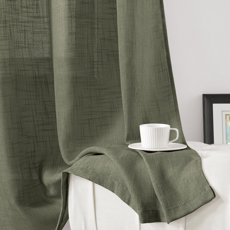 هوم أيدياز Homideas Olive Green Linen Stertains 84 بوصة طويلة 2 لوحات مزخرفة ستائر مزرعة الستائر مزرعة الستائر خصوصية النافذة لغرفة المعيشة غرفة نوم - Image 5