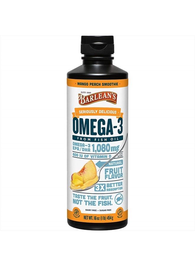 BARLEAN'S Mango Peach Omega 3 Fish Oil Liquid Supplement with Vitamin D, 1080mg EPA & DHA Fatty Acid, Smoothie Flavored & Burpless for Brain, Joint, & Heart Health, 16 oz - Image 1