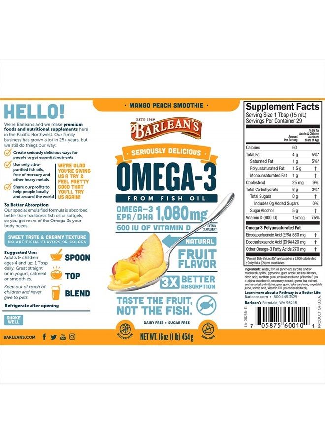 BARLEAN'S Mango Peach Omega 3 Fish Oil Liquid Supplement with Vitamin D, 1080mg EPA & DHA Fatty Acid, Smoothie Flavored & Burpless for Brain, Joint, & Heart Health, 16 oz - Image 2
