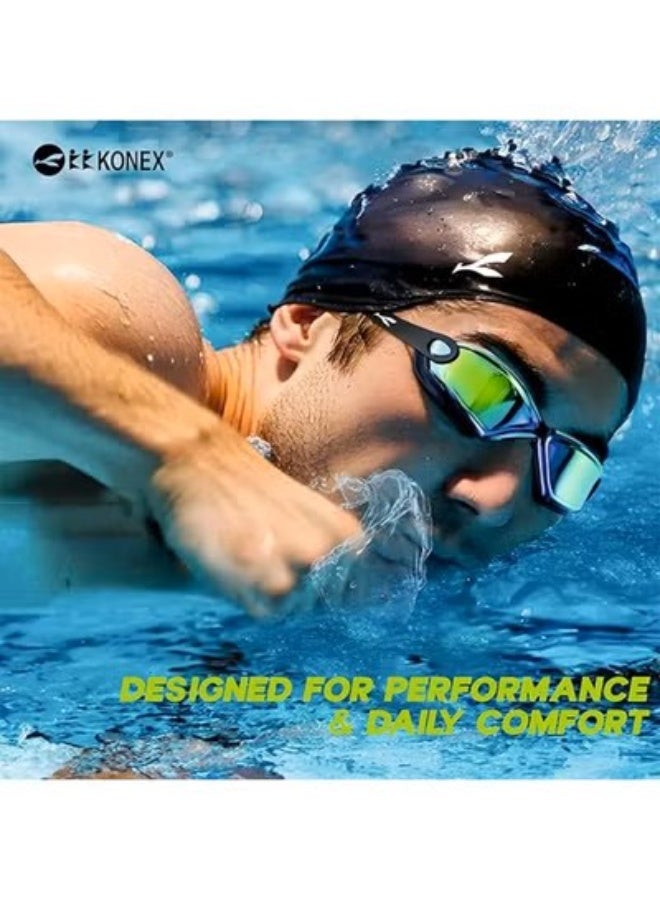 KONEX Swimming Combo Set – Silicone Swimming Cap + Anti-Fog UV Protection Goggles with Ear Plugs & Nose Clip | Waterproof, Non-Slip, Universal Fit for Men, Women & Kids (Black Cap + Mercury Goggles) - Image 5