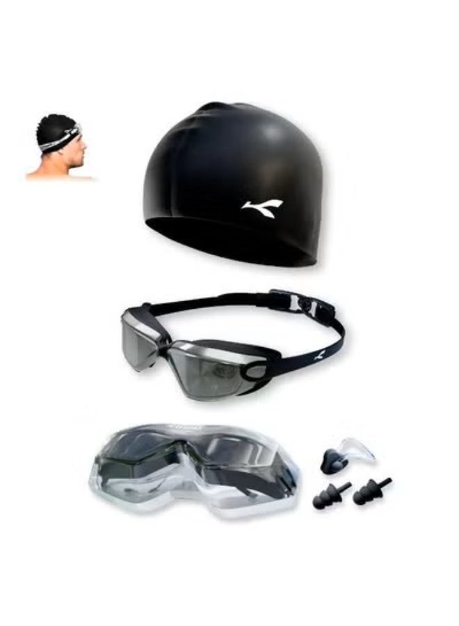 KONEX Swimming Combo Set – Silicone Swimming Cap + Anti-Fog UV Protection Goggles with Ear Plugs & Nose Clip | Waterproof, Non-Slip, Universal Fit for Men, Women & Kids (Black Cap + Mercury Goggles) - Image 1