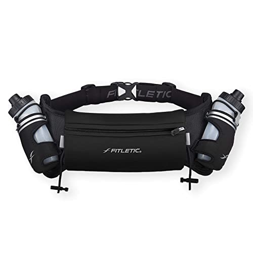 Fitletic Hydration Running Belt With Water Bottles For Men & Women – 2 Quick Flow 8oz Running Water Bottles, Patented Bounce Free Design, Water Resistant Pouch Fits All Phones – Hydra 16 - Image 1