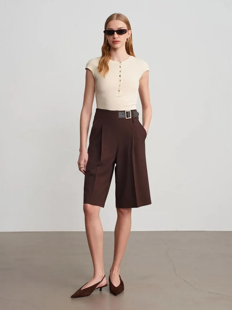 ديلفين Dilvin High-Waist Wide-Leg Tailored Shorts With Belt