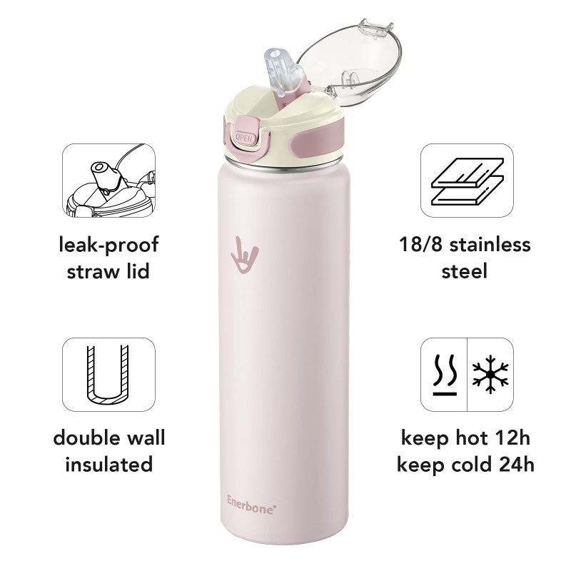 Enerbone 32 oz Insulated Water Bottle, Stainless Steel Bottle with Carrying Strap, Double-Wall Vacuum Insulation Design, Leakproof Sports Bottle with Straw, Keep Drinks Cold or Hot for Hours - Image 2