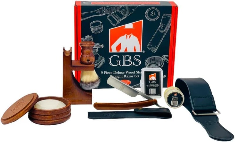 G.B.S Shaving Kit Box Includes- Carbon Steel Razor, 21" Leather Strop, Wooden Soap bowl with Vegan shaving Brush + Stand, Natural Glycerin Shave Soap, Aftershave Gel, and Alum Block