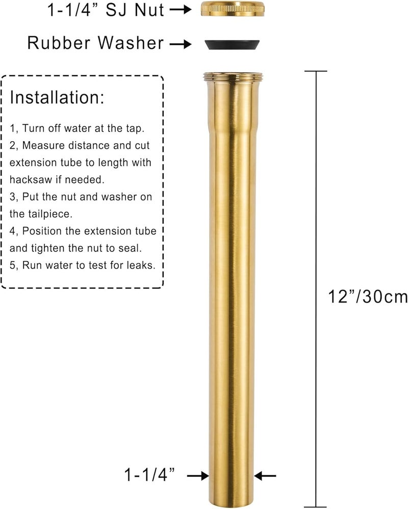 Fipoque Brass Slip Joint Extension Tube 1-1/4” OD x 12” with Nut and Rubber Washer, P Trap Extension Tube, Sink Drain Tailpiece Tube Extension, Brushed Brass Gold - Image 4