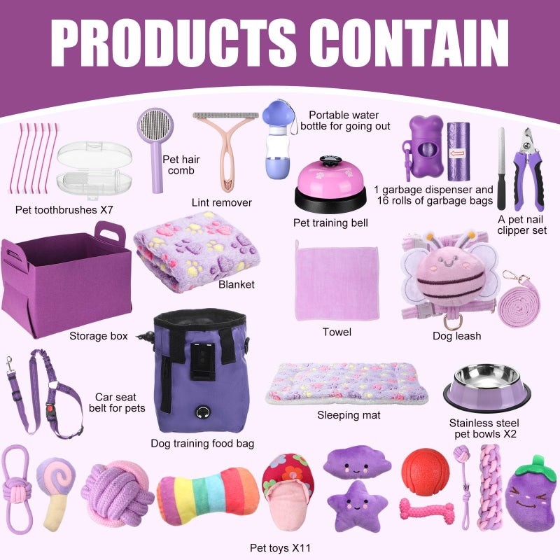 Abbylike 50 Pcs Puppy Supplies Starter Kit for Small Dogs Puppy Essentials Includes Leash, Bowls, Teeth Brushes, Water Bottle, and More Accessories for Dogs Pet Day Welcome Gift(Purple) - Image 2