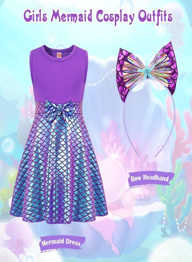 HenzWorld Little Girls Mermaid Costume Princess Dress up Party Birthday Gift Halloween Outfit Fish Scale Bow Tie Headband 5T - Image 3