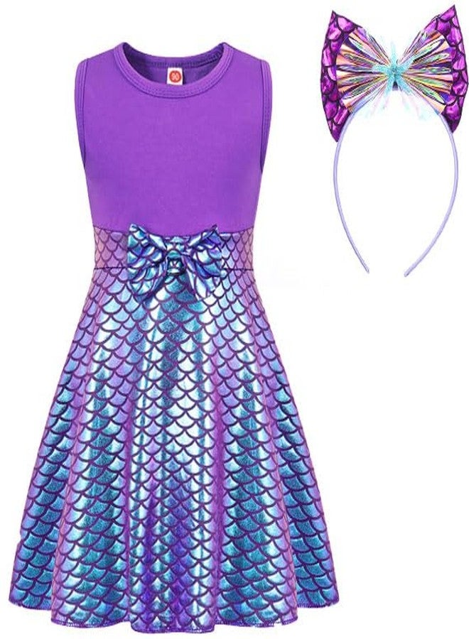HenzWorld Little Girls Mermaid Costume Princess Dress up Party Birthday Gift Halloween Outfit Fish Scale Bow Tie Headband 5T - Image 1