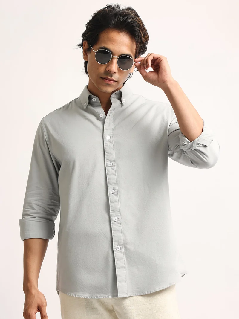 مانياك Maniac Mens Solid Collared Neck Full Sleeve Oxford Linen Blend Fabric Silver Grey Shirt
