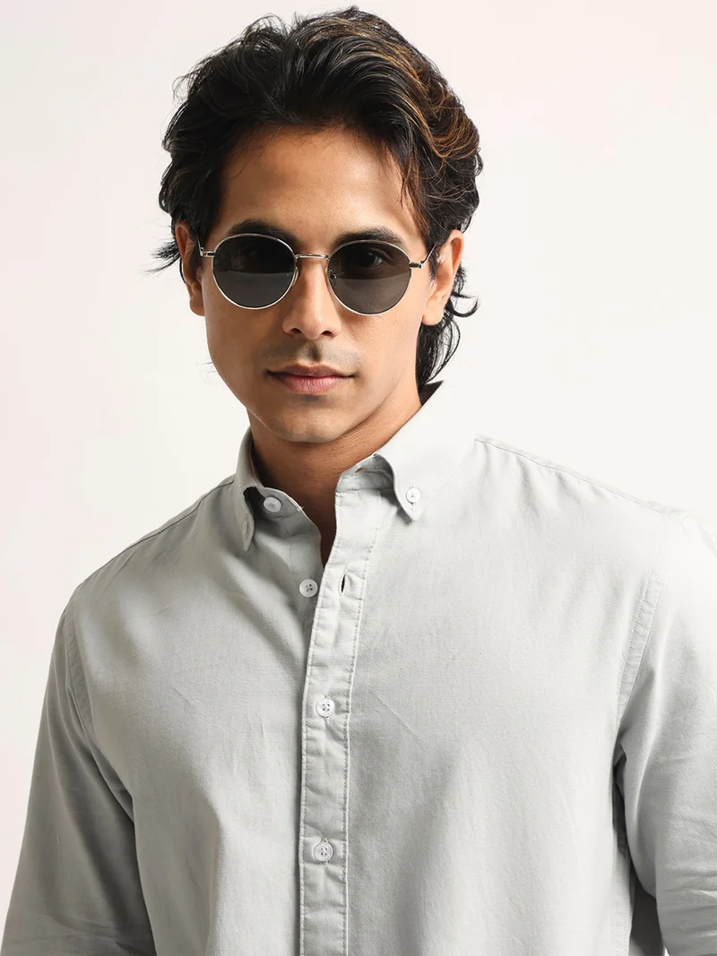 مانياك Maniac Mens Solid Collared Neck Full Sleeve Oxford Linen Blend Fabric Silver Grey Shirt