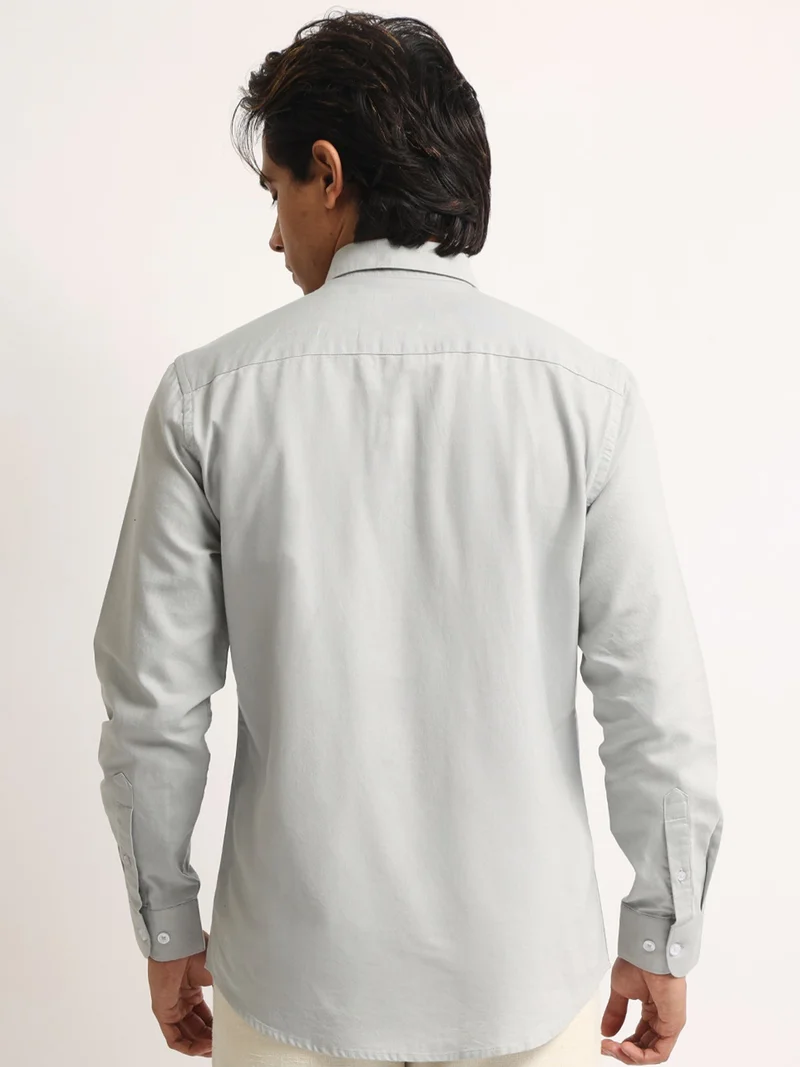 Maniac  Maniac Mens Solid Collared Neck Full Sleeve Oxford Linen Blend Fabric Silver Grey Shirt for Men | Best Price UAE