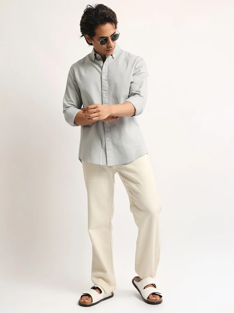 Maniac  Maniac Mens Solid Collared Neck Full Sleeve Oxford Linen Blend Fabric Silver Grey Shirt for Men | Best Price UAE