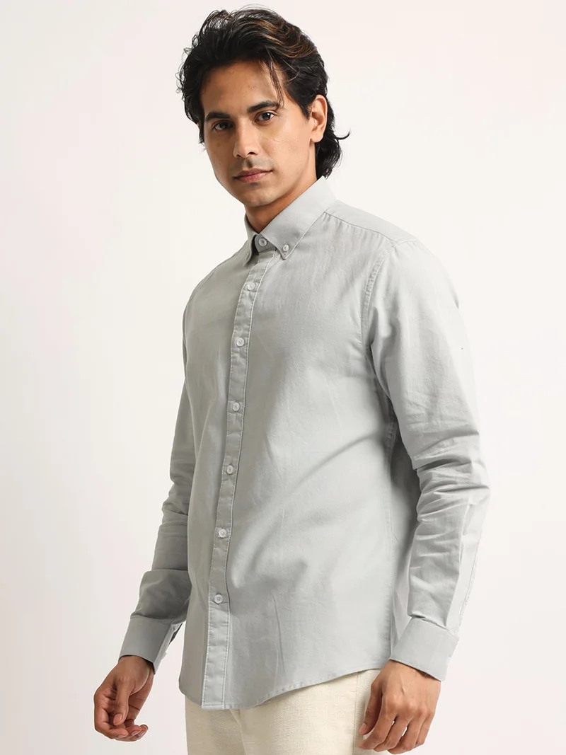 Maniac  Maniac Mens Solid Collared Neck Full Sleeve Oxford Linen Blend Fabric Silver Grey Shirt for Men | Best Price UAE