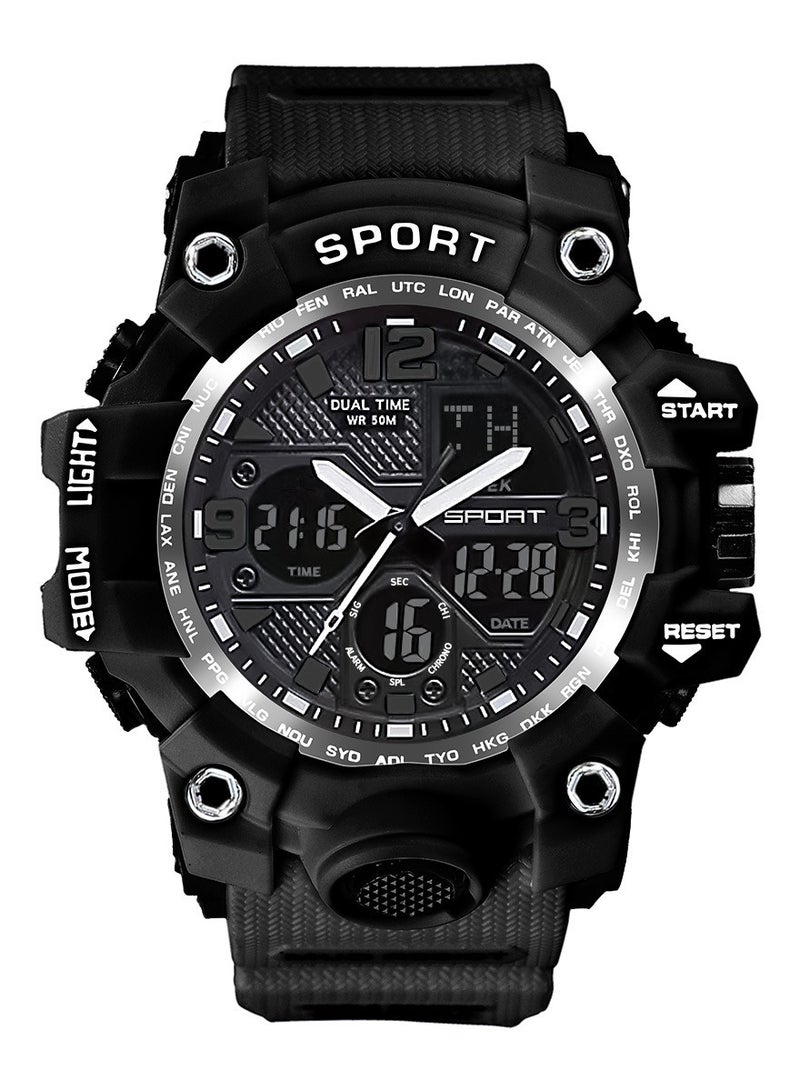 ساندا ساعة رياضية للرجال، مؤقت رقمي مقاوم للماء مع إنذار وشاشة، كوارتز، تناظري، إلكتروني. أسود-56مم - Image 1